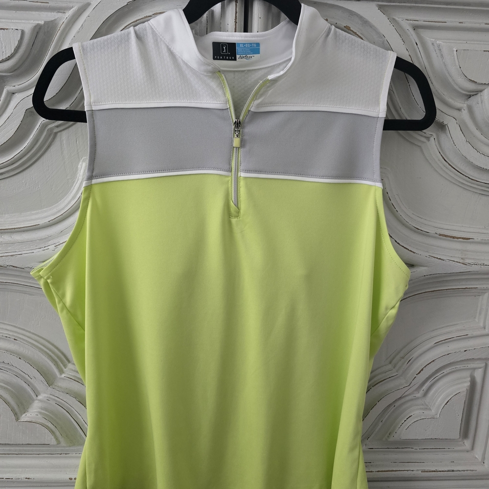 PGA Tour Sleeveless Zip Golf Top in White, Gray and Lime